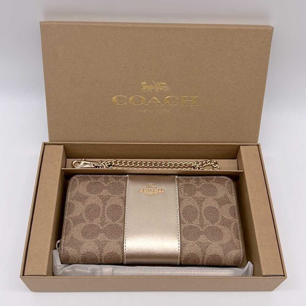 Coach Boxed Long Zip Around Wallet In Signature Canvas Gold/Tan/Light Champagne